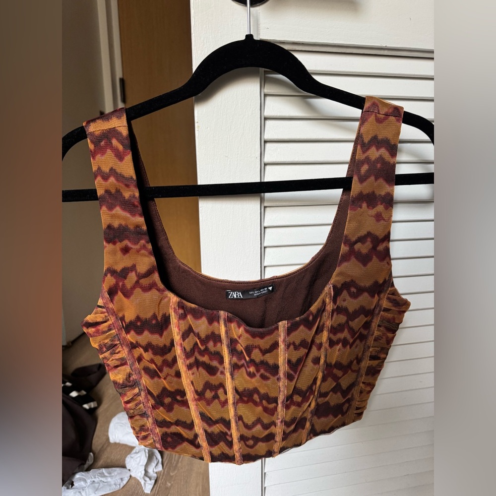 Orange and Brown Fitted Tank Top with Bustier Style